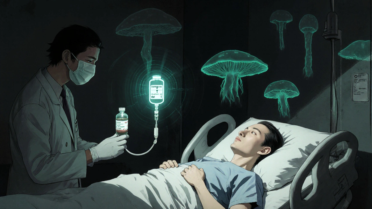 A sick patient in an ICU with spectral fungi looming over them, monitored by a holographic drug level readout.