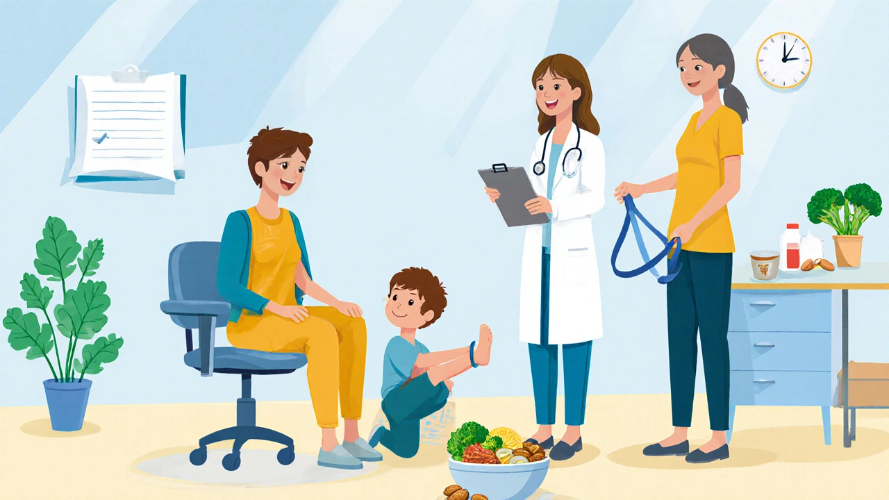 Child and parent consult with pediatrician, dietitian, and physical therapist in a bright clinic.