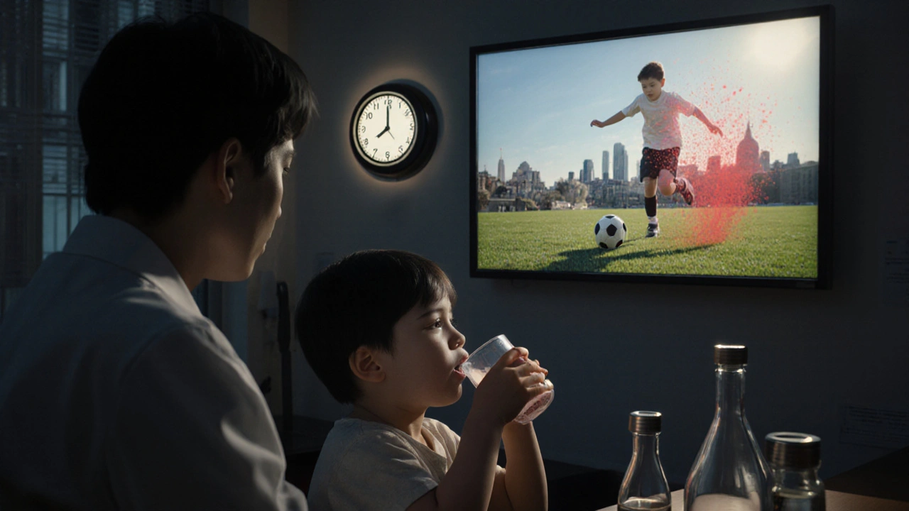 Child drinking amoxicillin during supervised challenge, timer counting down as sunlight fades previous symptoms.