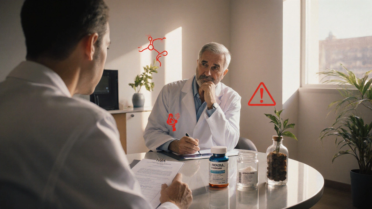Clinic scene with a man, doctor, Intagra bottle, and natural supplement hints.