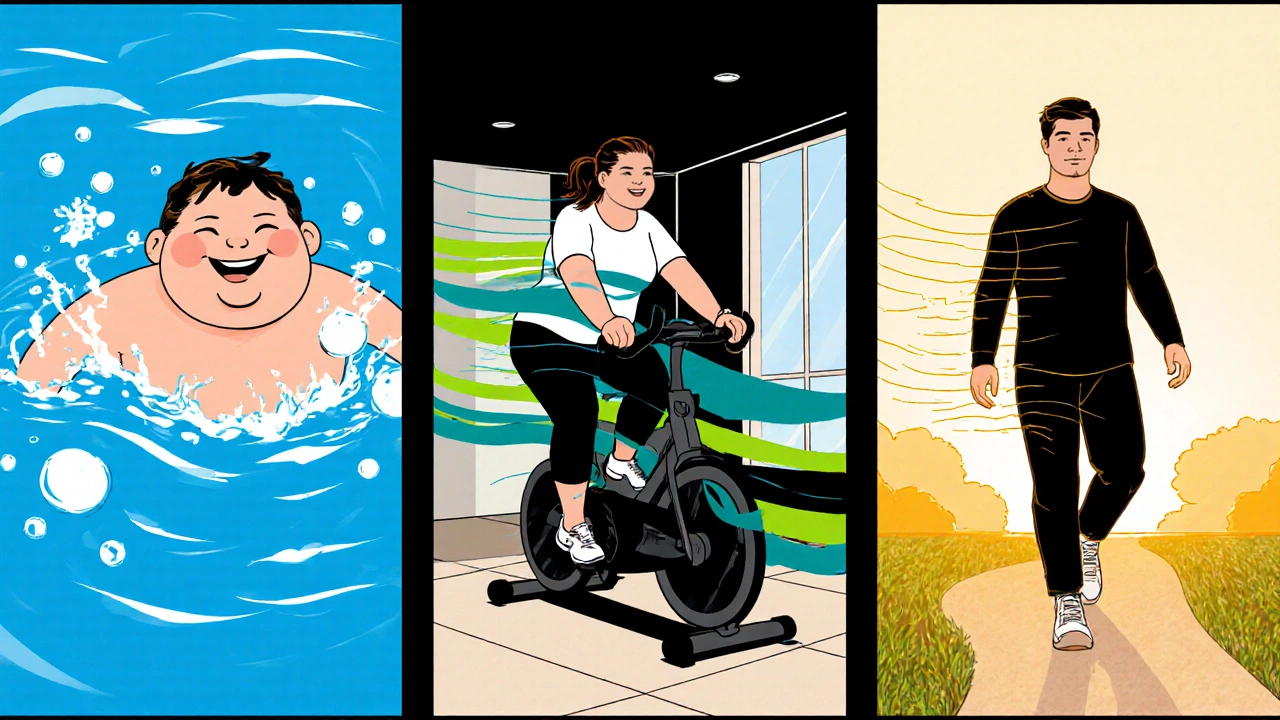 Comic panels showing swimming, bike riding, and walking as low‑impact exercises.