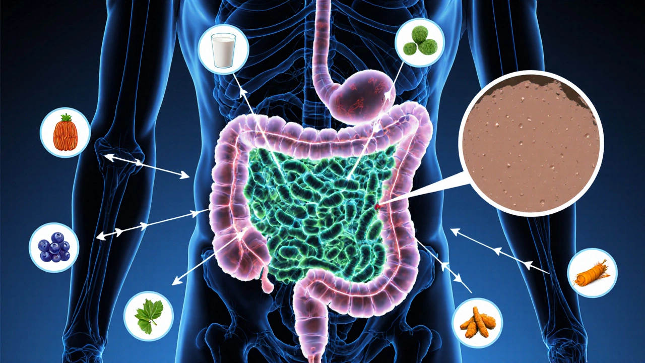 Cross‑section of gut showing probiotics linking to skin melanocytes producing melanin.