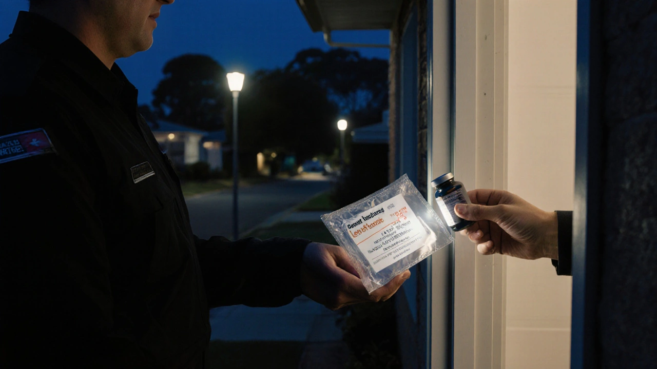 Delivery at suburban door, homeowner checking sealed parcel containing generic levofloxacin bottle.