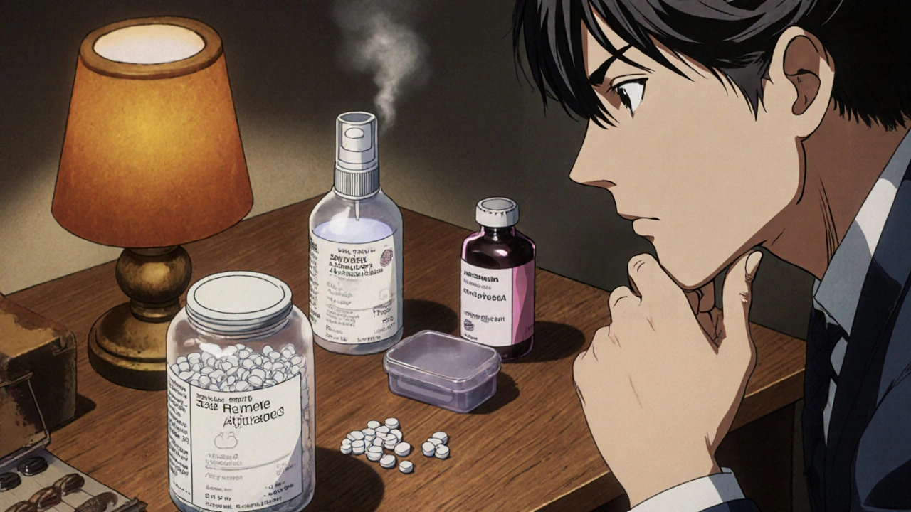 Desk with various medication bottles and a man contemplating the options.