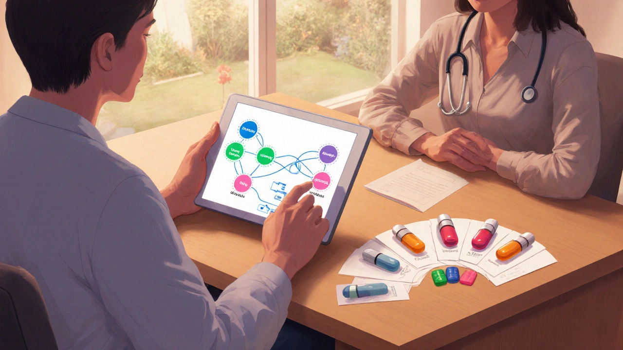 Doctor and patient reviewing treatment options with pill icons and a decision chart.