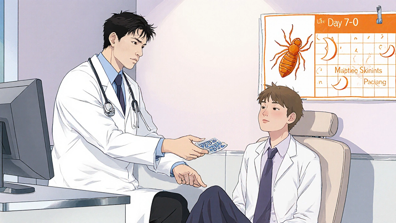 Doctor giving ivermectin tablets to patient, illustrating two-dose treatment plan.