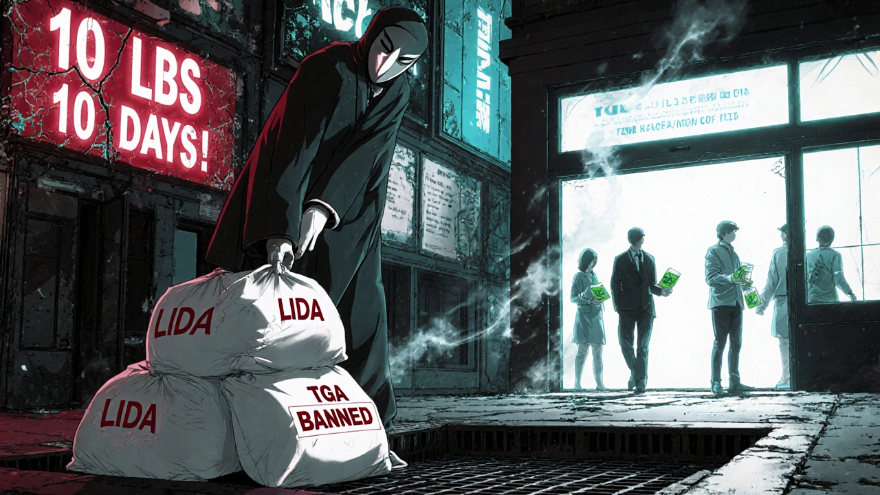 Dystopian city with fake weight loss ads being discarded as people seek safe medical options.