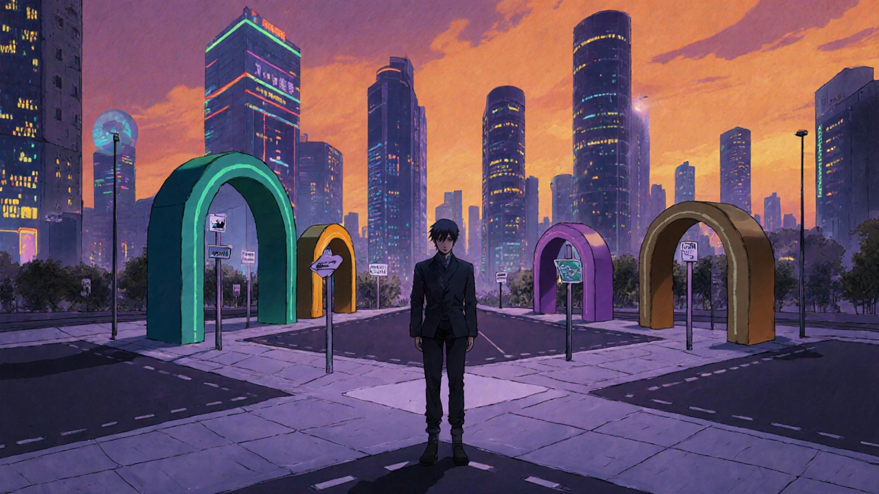 Figure standing at a futuristic crossroads with color‑coded pathways representing skincare options.