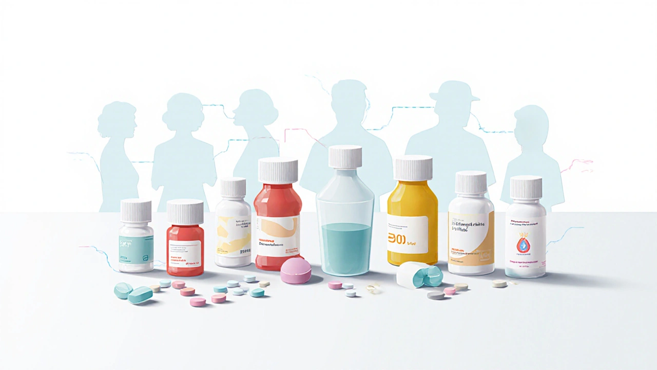 Flat illustration of eight different antibiotics laid out for visual comparison.