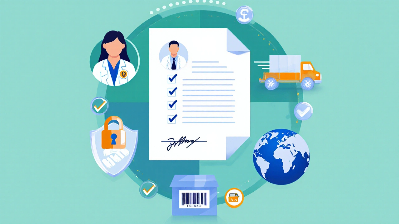 Flat illustration showing icons for prescription, pharmacist, secure payment, shipping, and licensed pharmacy.