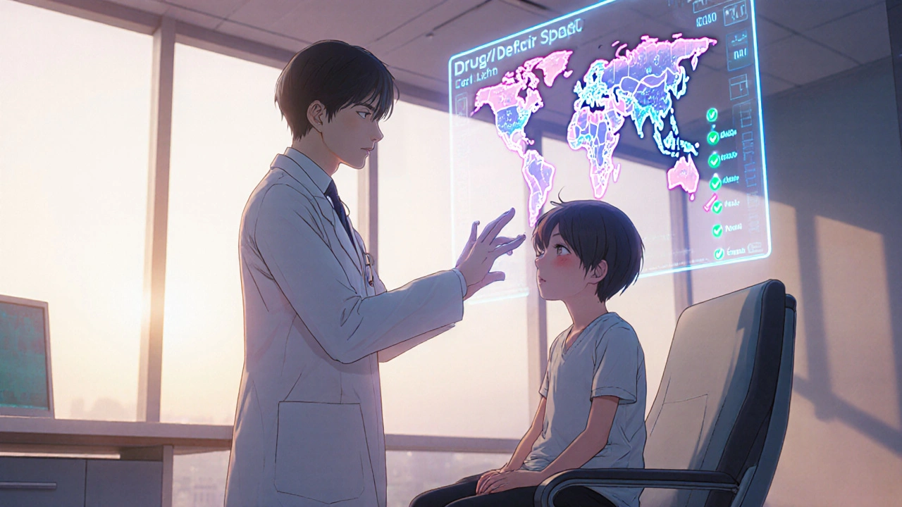 Futuristic clinic where a doctor uses a holographic genetic chart to assess pediatric medication safety.