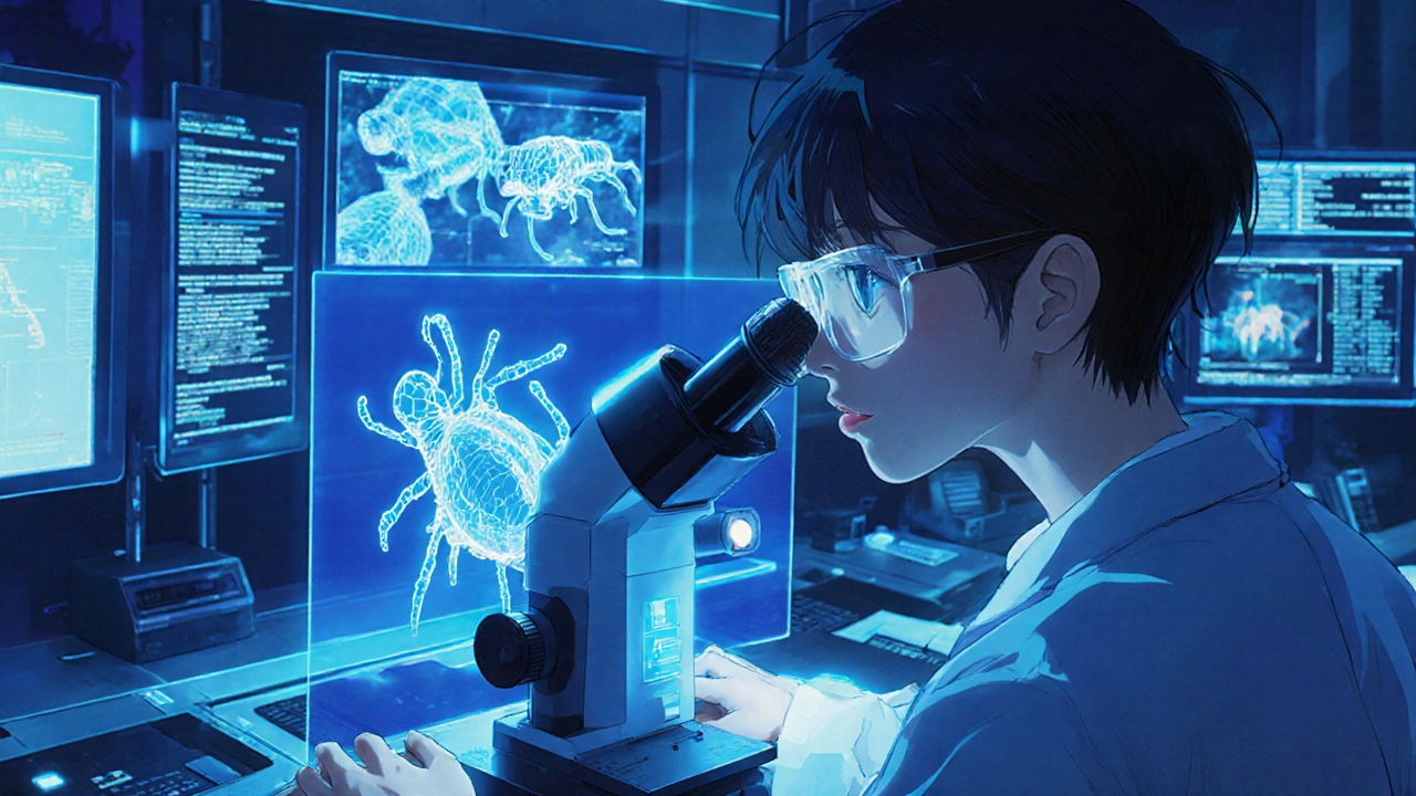Futuristic lab showing scientist viewing parasites with a holographic microscope.