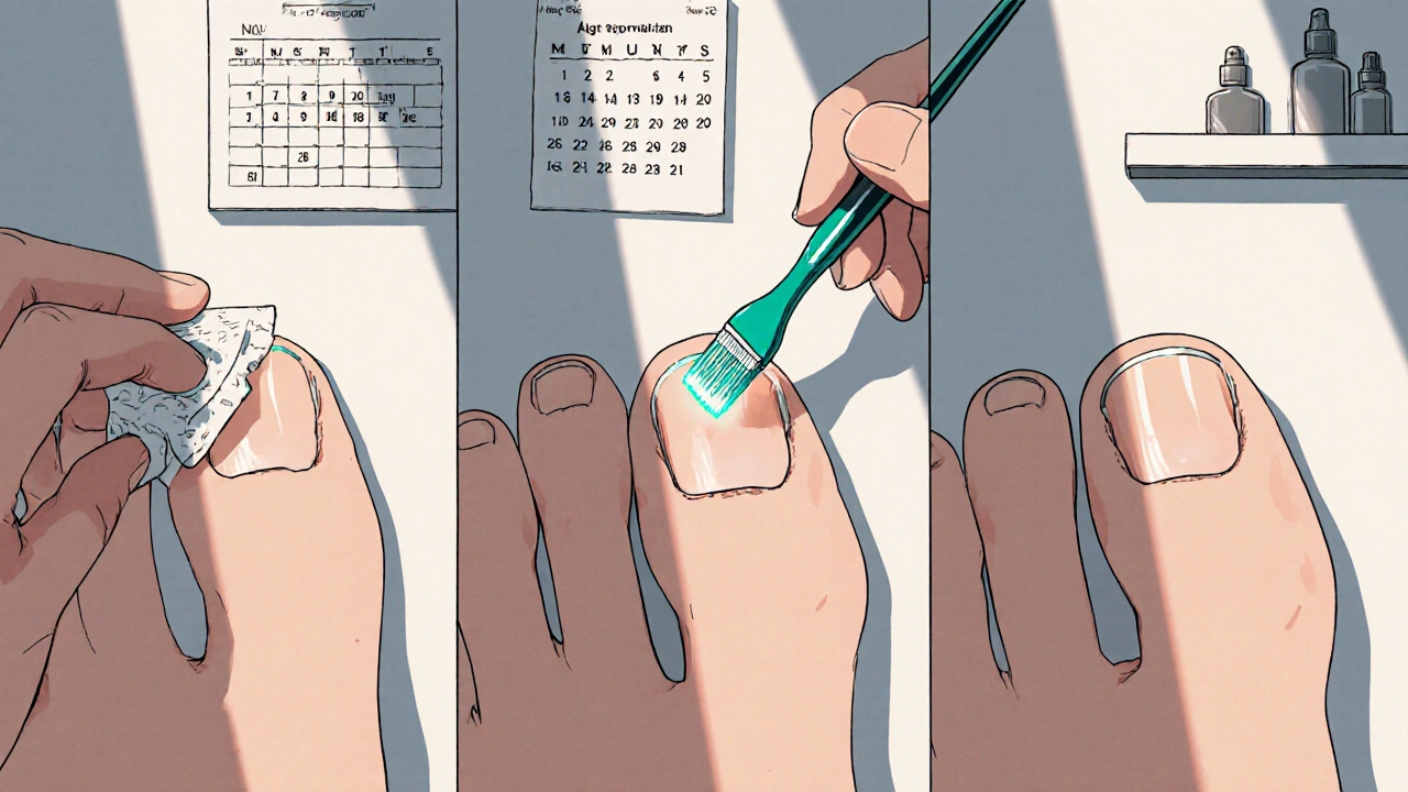 Hand applying ciclopirox nail lacquer, depicted in a three‑panel sequence showing treatment progress.