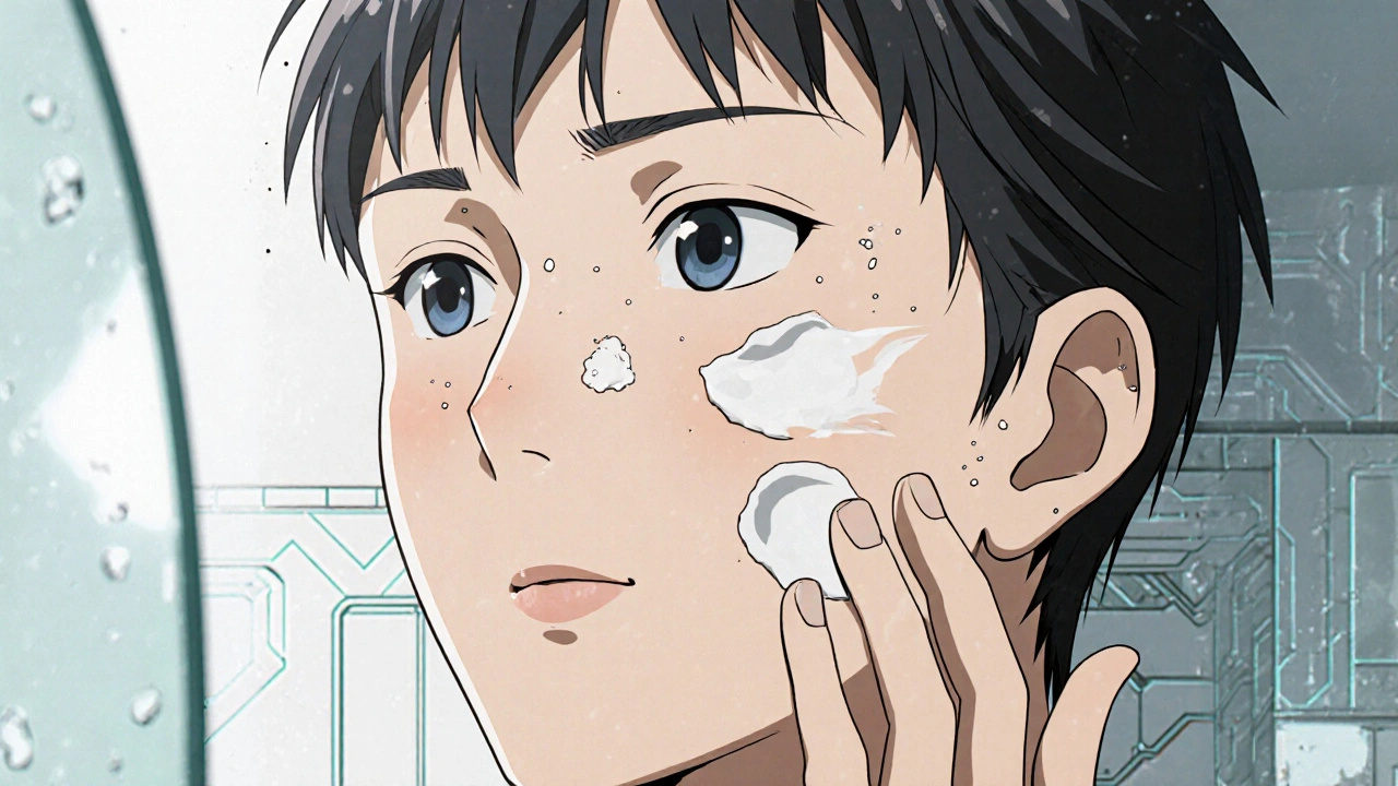Hand applying tretinoin, moisturizer, and sunscreen in a bright modern bathroom.