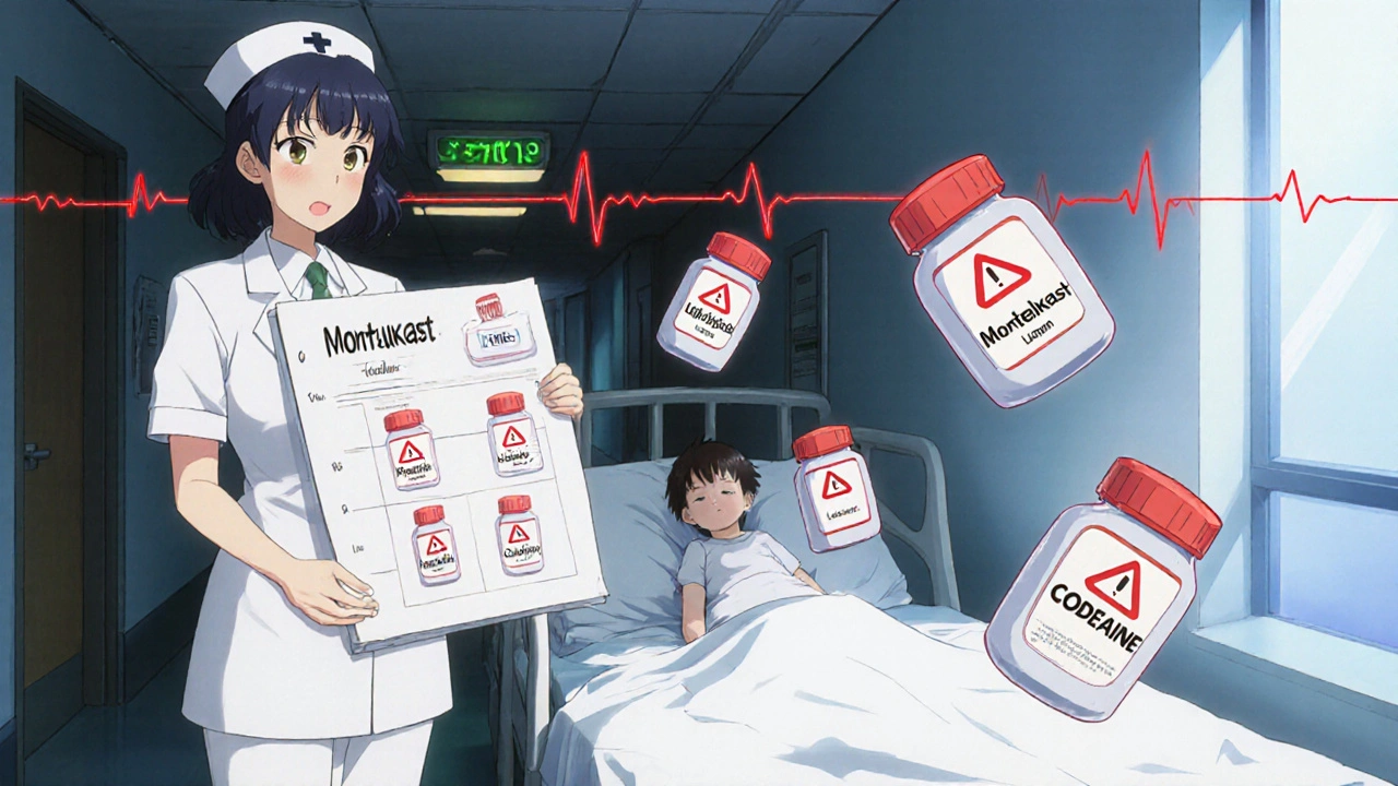 Hospital scene with nurse, child, and floating pill bottles marked with warning halos.