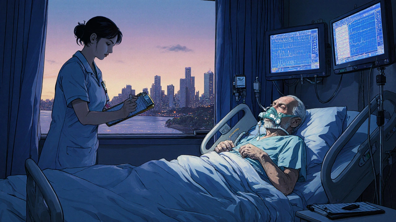 ICU scene with senior patient on ventilator receiving tetanus antitoxin.