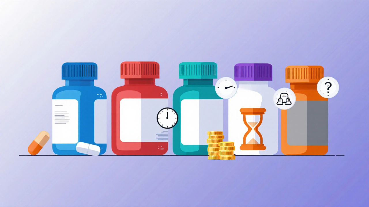 Illustration of six ED medication bottles with icons for onset, duration, and price.