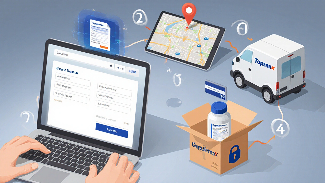 Isometric scene of a person ordering generic Topamax online, from laptop to delivery box.