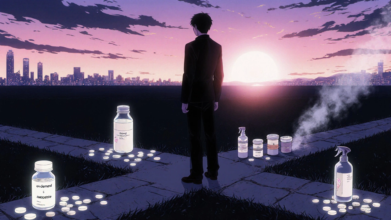 Man at sunrise crossroads, each path showing pills, tablets, or spray canisters.