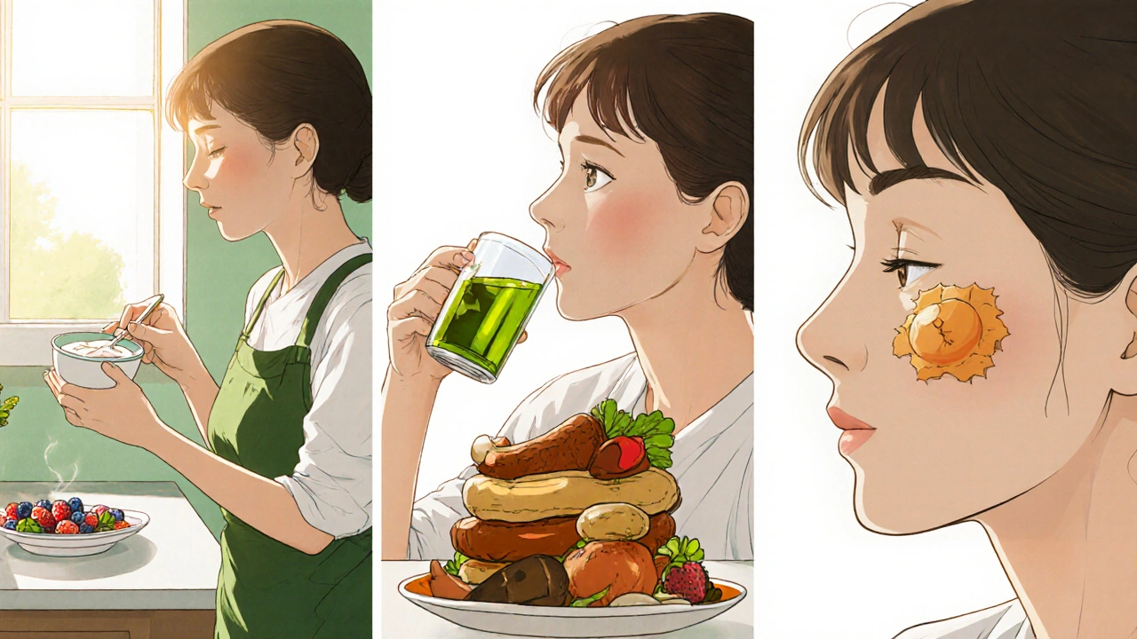 Montage of 4‑week protocol: yogurt, green tea with berries, sunscreen, and skin improvement.