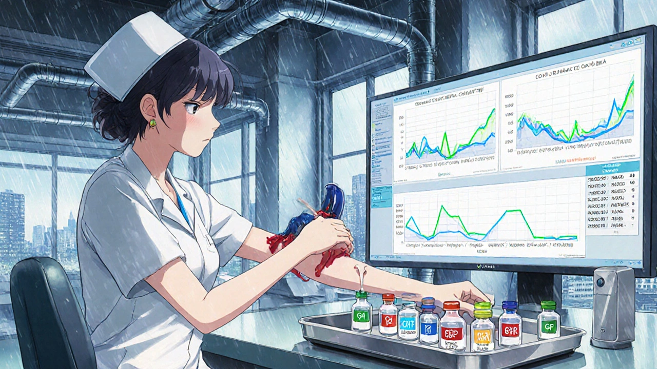Nurse draws blood as lab monitor shows kidney function graphs.
