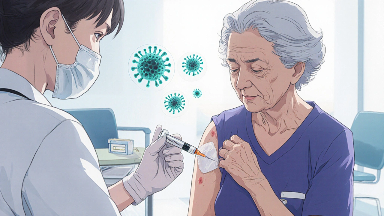 Nurse giving a Tdap shot to an older woman with bacteria illustration.