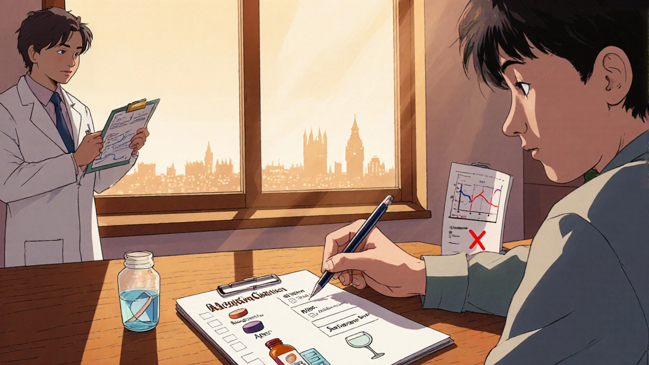 Patient at a table checking a colorful medication list with doctor in background.