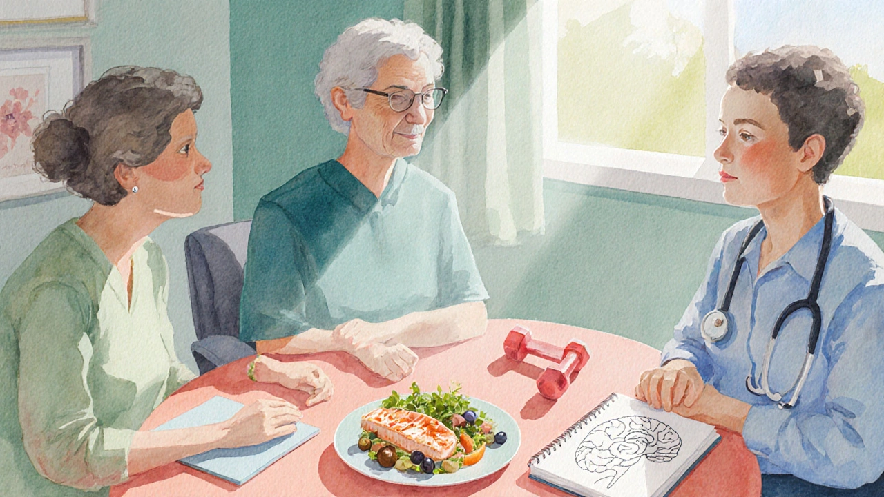 Patient, caregiver, and doctor discussing treatment over a Mediterranean meal and exercise gear.