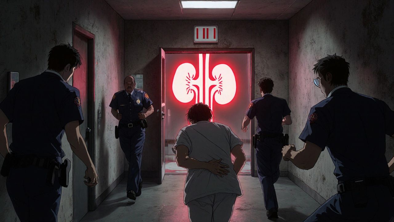 Patient with back pain rushes to emergency as kidney silhouette glows.