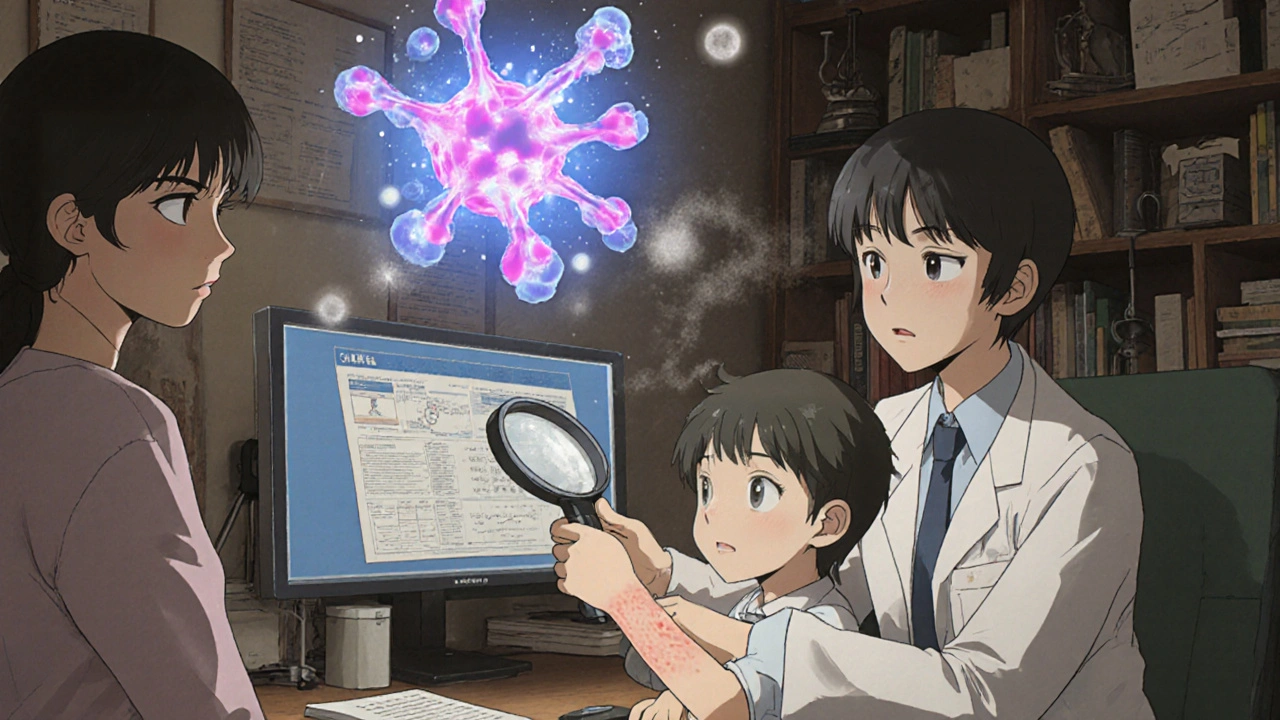 Pediatric allergist examining child&#039;s swollen joint, molecular model visible on digital screen in background.