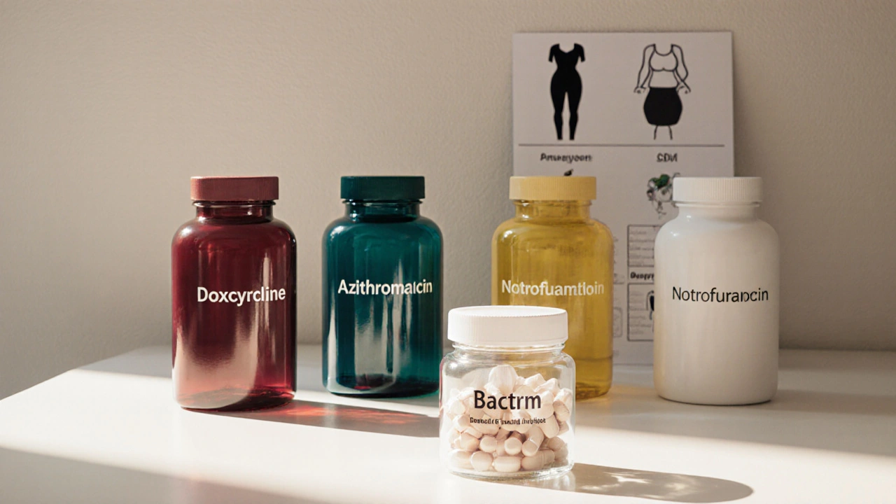 Photorealistic display of various antibiotic bottles with a Bactrim jar in front.