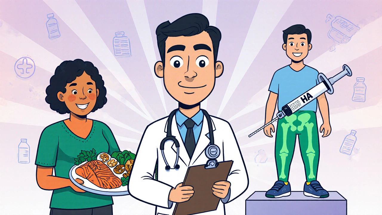 Physiotherapist and nutrition guide helping patient with glowing healthy joints.