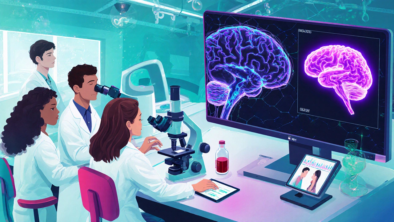 Scientists in a lab examining amyloid plaques with AI brain models and a blood sample.