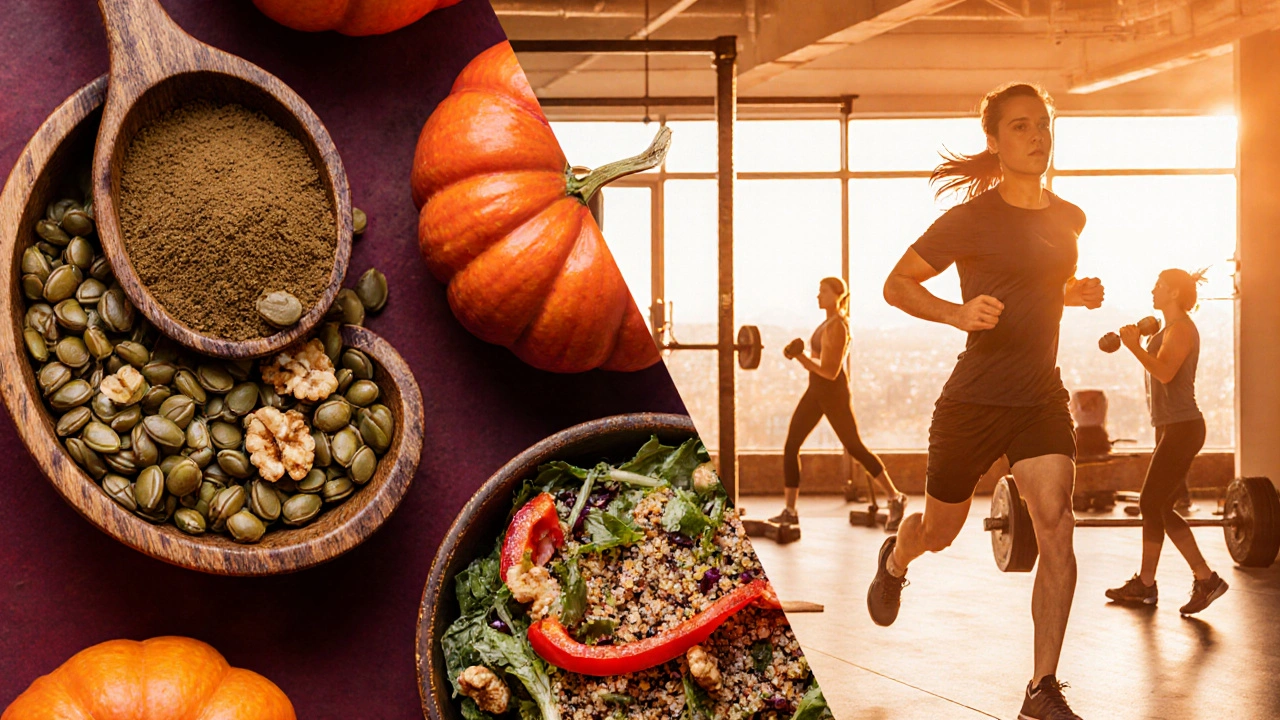 Split illustration of nutrient foods on left and cardio‑strength workout on right.