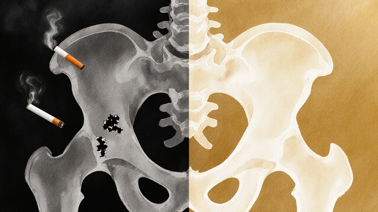 Split illustration showing porous bones of a smoker versus dense bones of a non‑smoker.