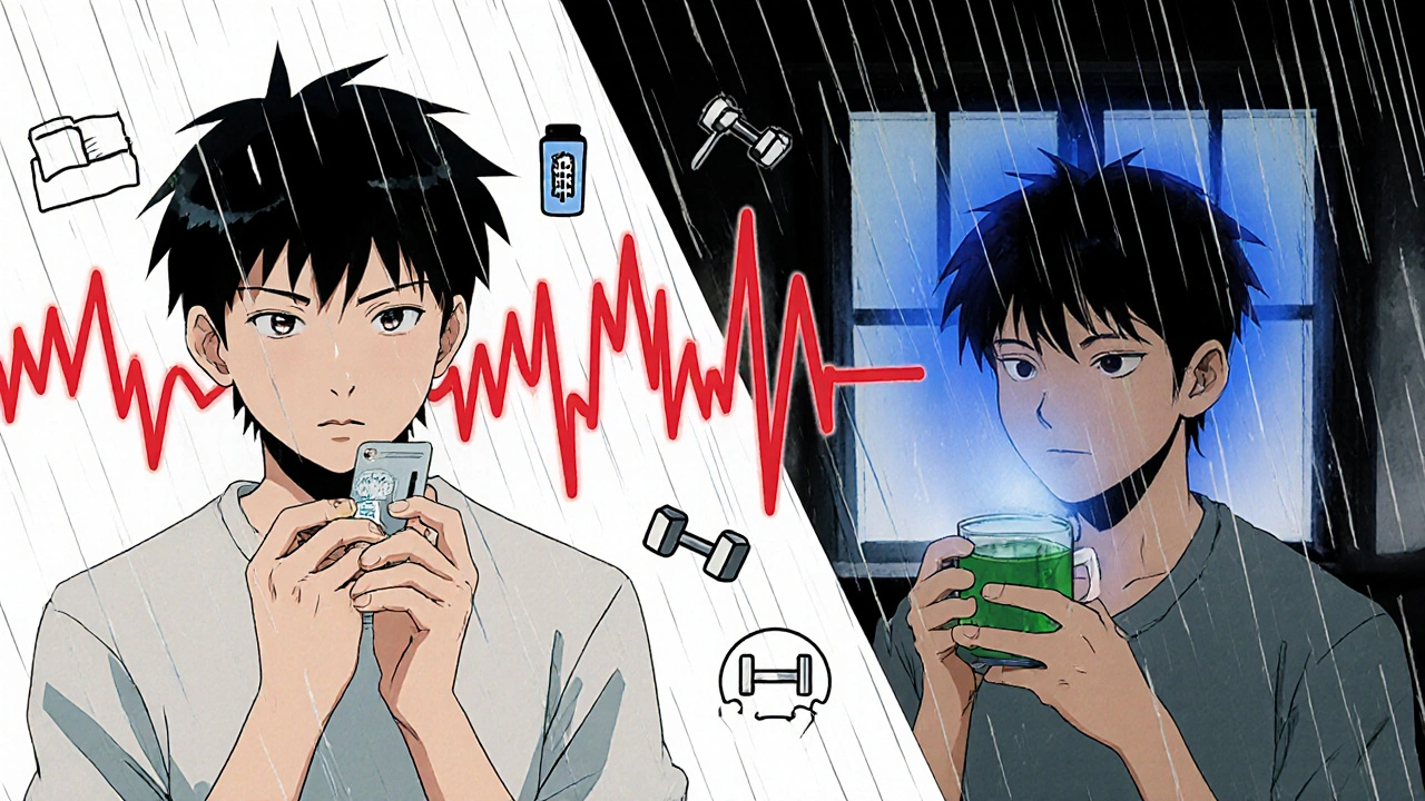 Split scene of someone experiencing dangerous side effects vs. calm, healthy habits.