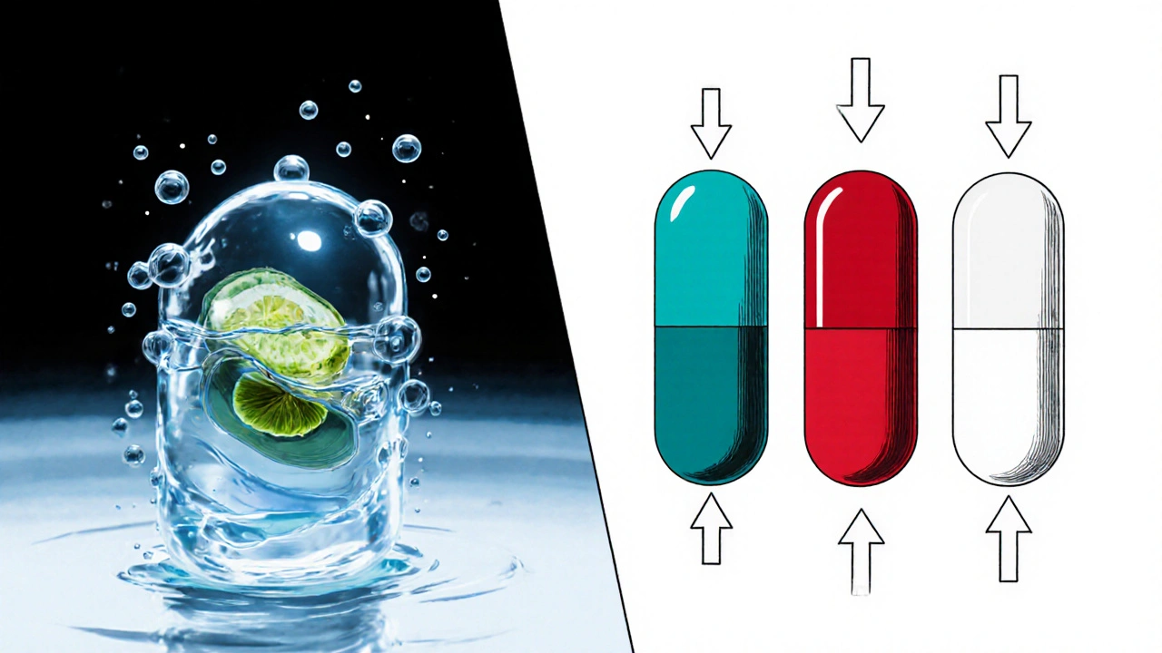 Split‑screen scene comparing Ayurslim capsule ingredients with other supplements.