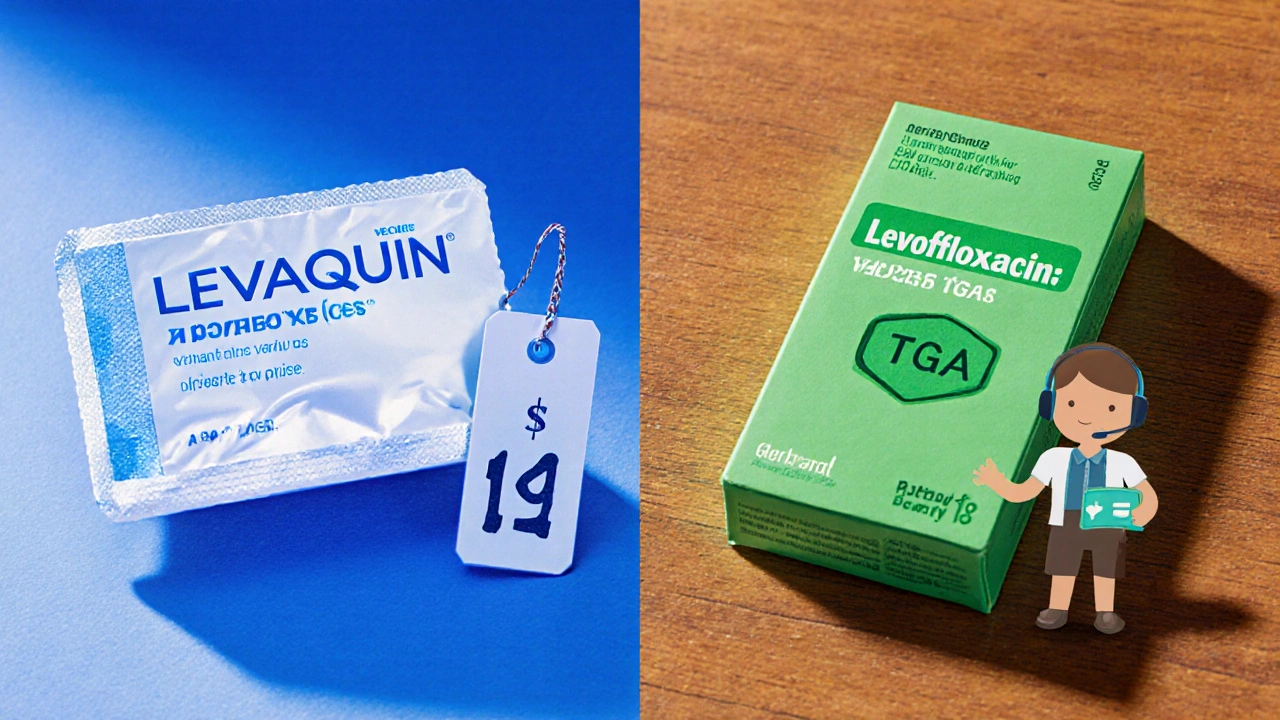 Split view of brand Levaquin pack vs generic levofloxacin pack with TGA badge and pharmacist avatar.