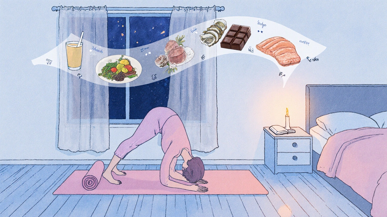 Watercolor bedroom showing yoga, meditation, and floating meal icons.