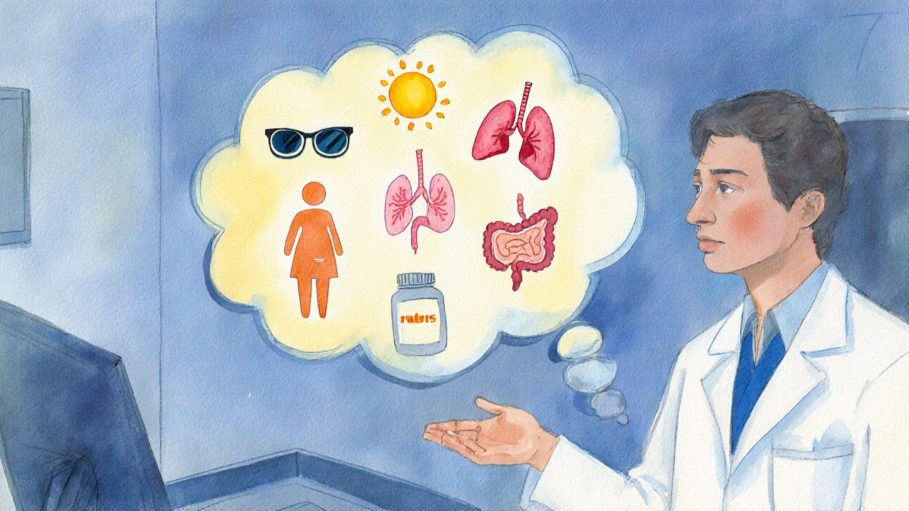 Watercolor scene of a doctor discussing factors for selecting an antibiotic.