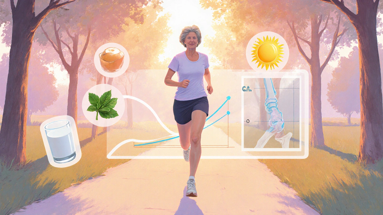 Woman walking in a sunny park with calcium foods and a rising bone density scan overlay.