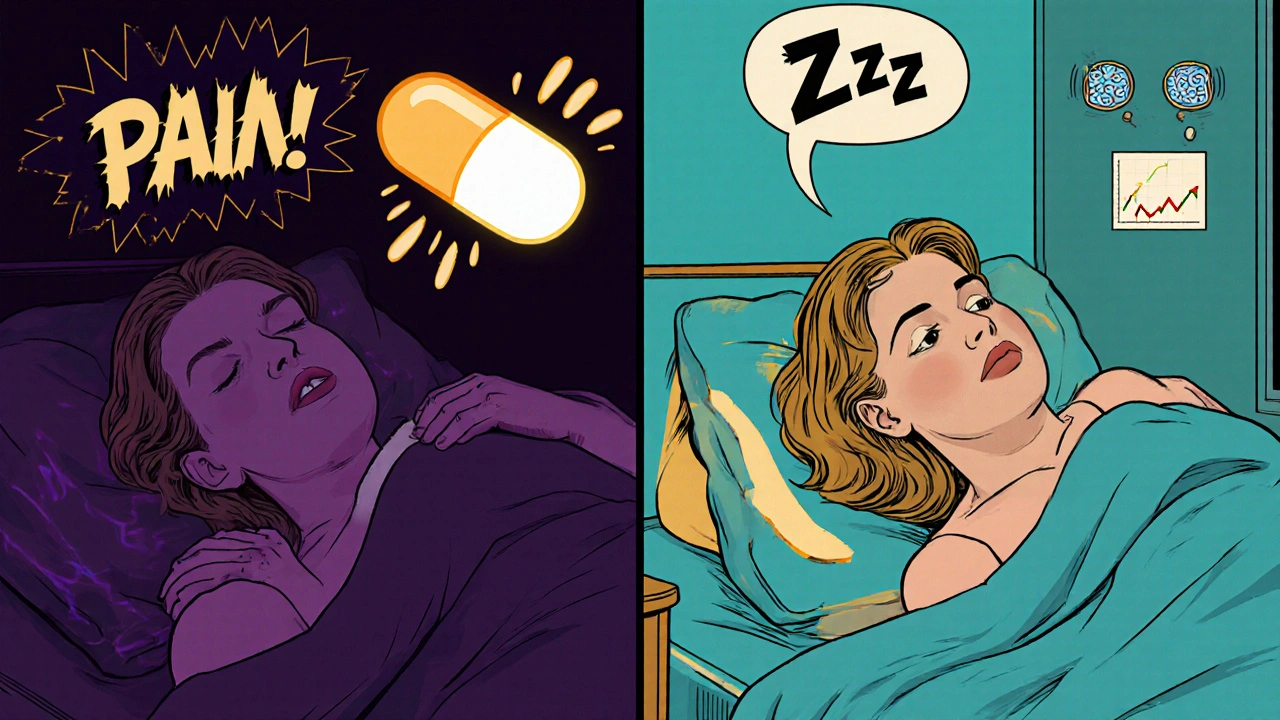Woman with fibromyalgia experiences pain then restful sleep after taking Cyclobenzaprine.
