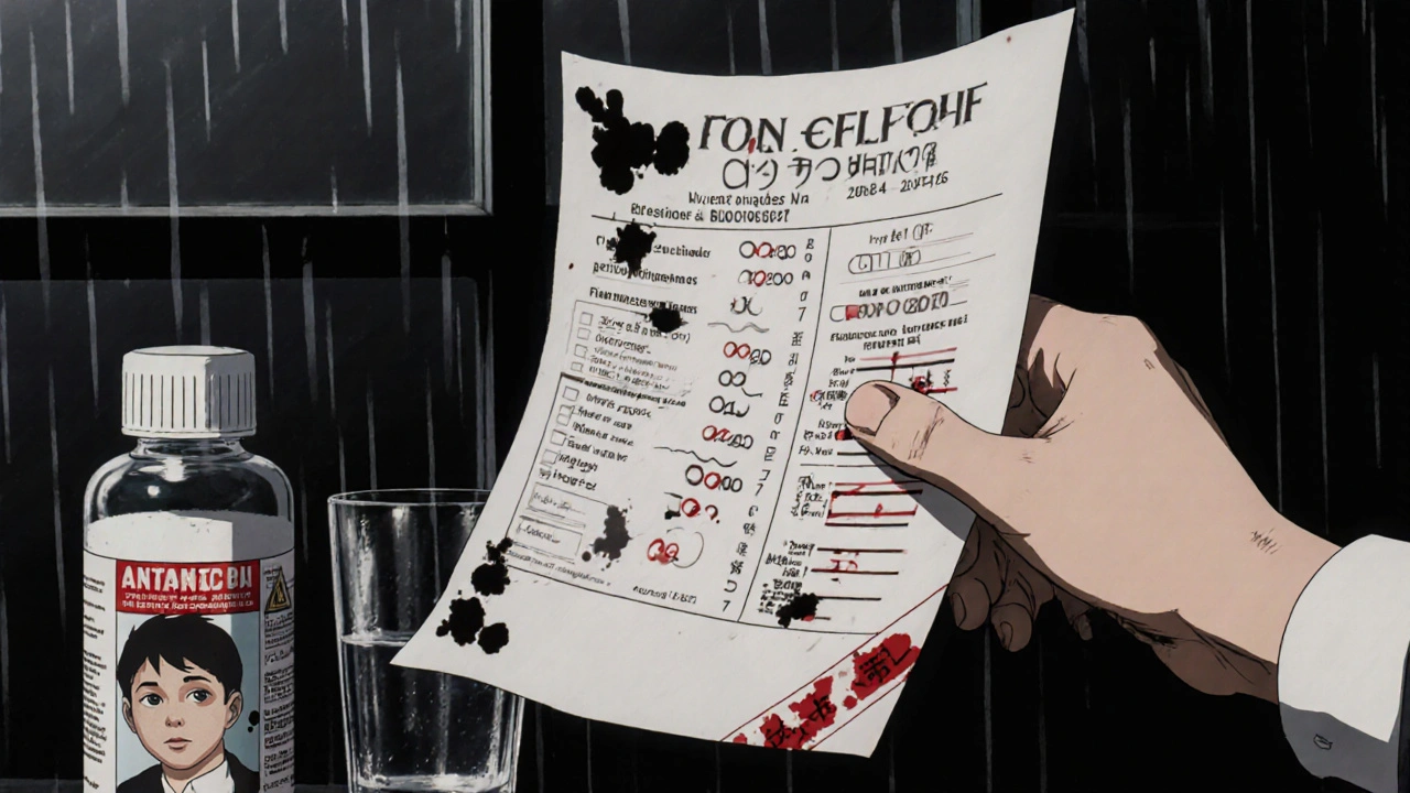 A blood test floats mid-air with spiraling liver values, a hand reaches for antacid as reflections show past hepatitis B scars.