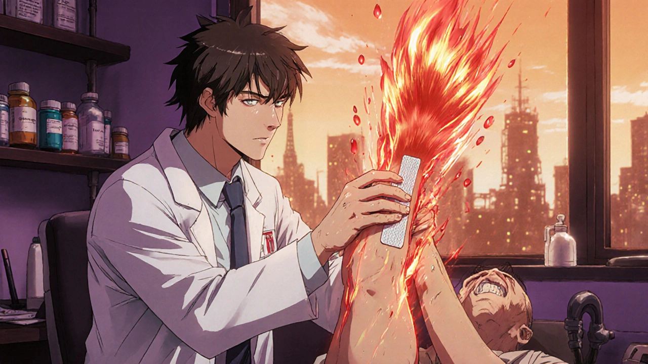 A doctor applying a capsaicin patch as fiery energy radiates from the skin, patient showing discomfort.