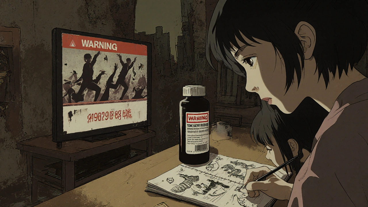 A mother stares at a black box warning label at dinner, while her daughter draws in silence.