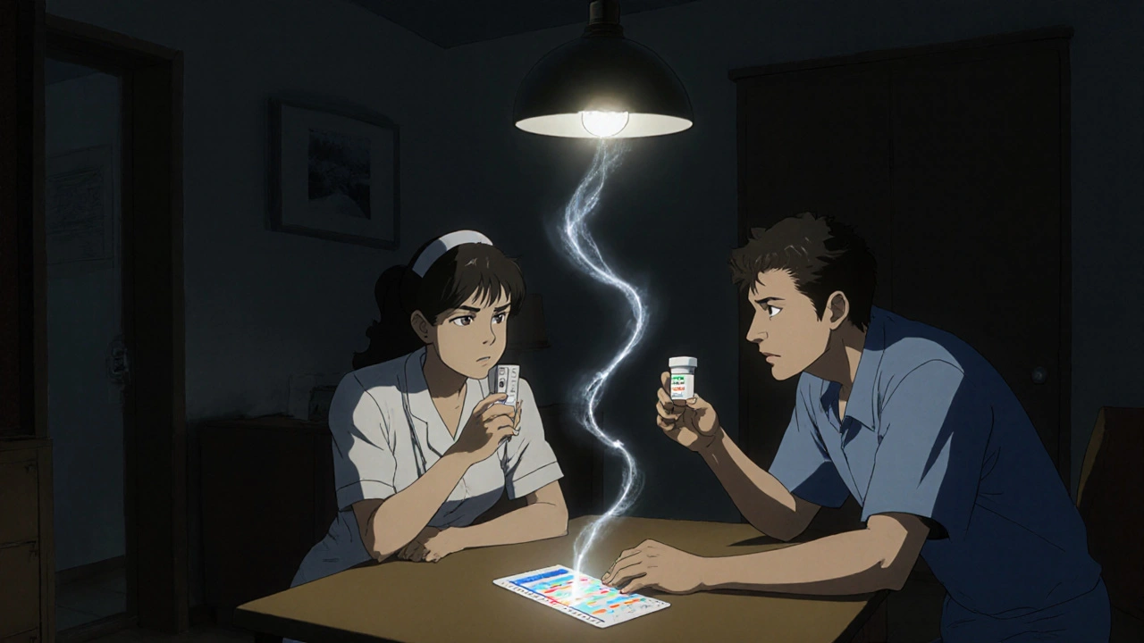 A nurse shows a brand-name and generic pill side by side as a pharmacogenomic test glows on the table.