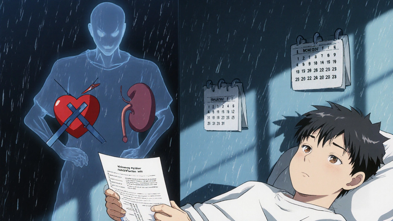 A patient sits on a hospital bed as shadowy drug figures loom behind them, with blood test results and rain-streaked windows.