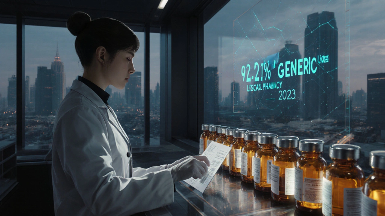 A pharmacy technician scans prescriptions under a holographic formulary display with thousands of generic vials.