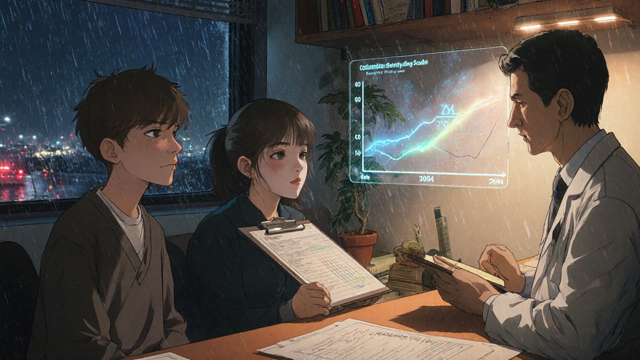 A psychiatrist and family review a suicide risk scale under soft light in a cluttered office.