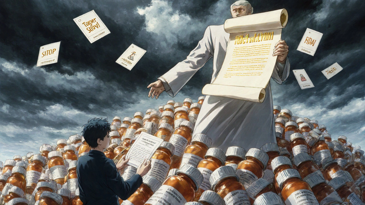 A symbolic document-figure reaching toward a patient, surrounded by pill bottles and safety icons.